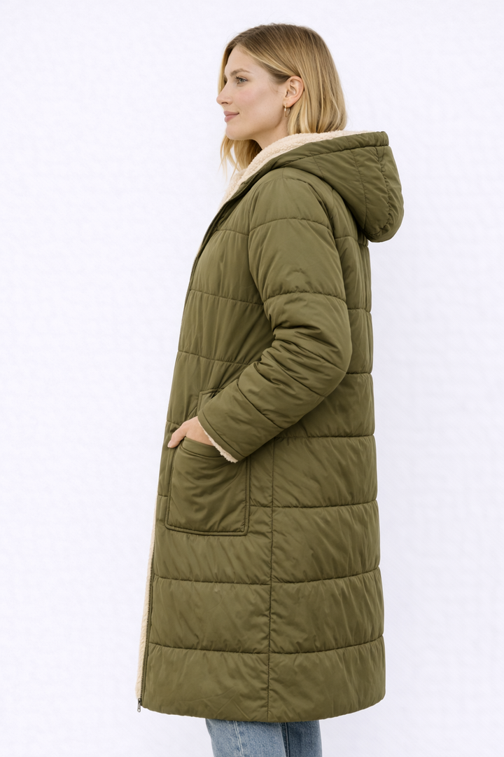 Manteau long réversible femme élégant et chaud pour l’hiver