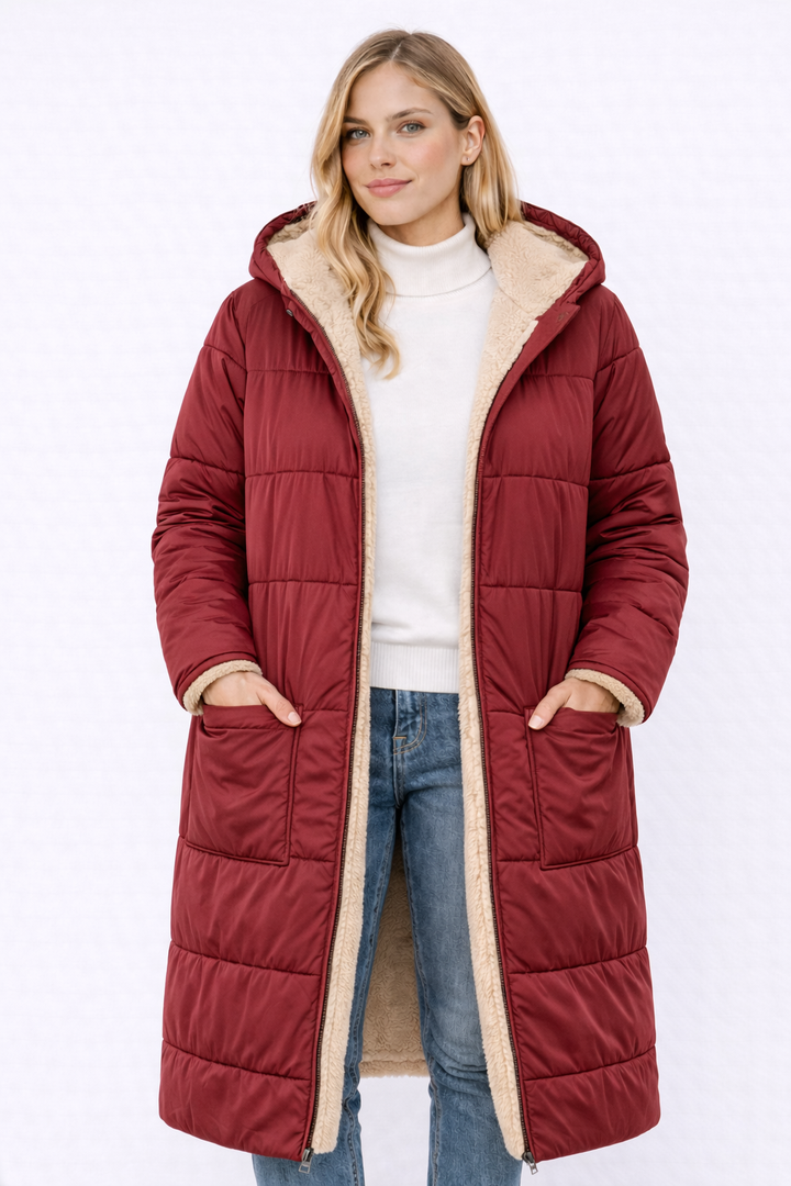 Manteau long réversible femme élégant et chaud pour l’hiver