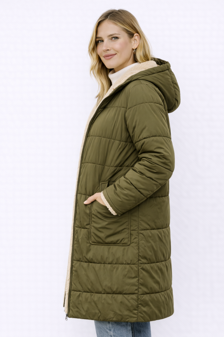 Manteau long réversible femme élégant et chaud pour l’hiver