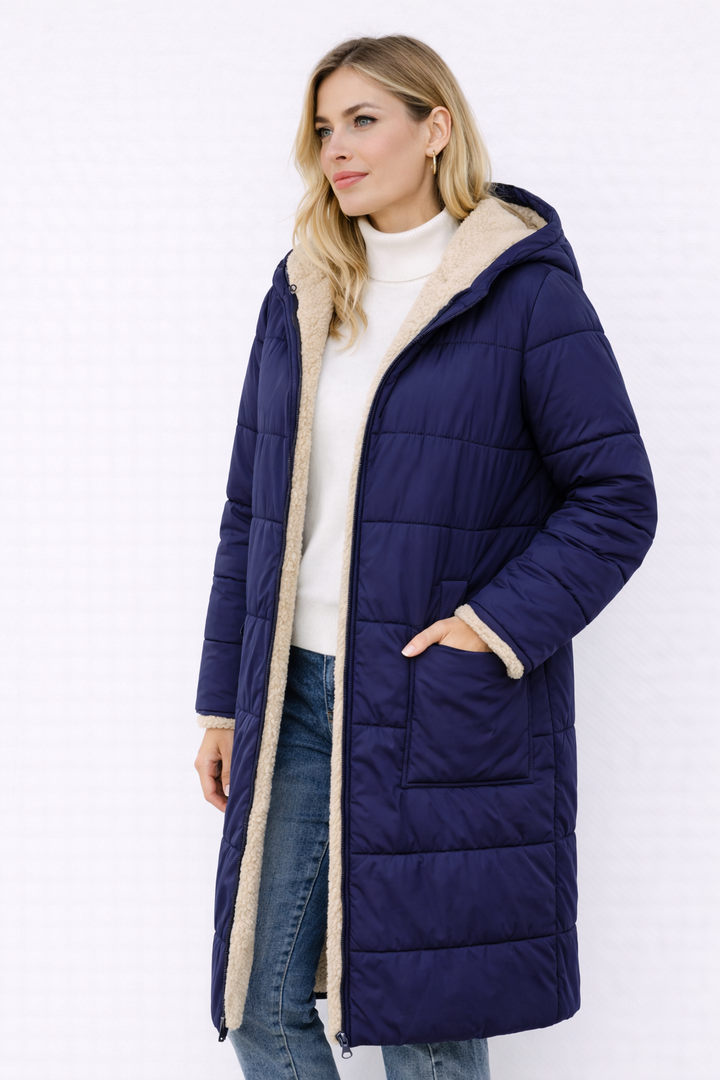 Manteau long réversible femme élégant et chaud pour l’hiver
