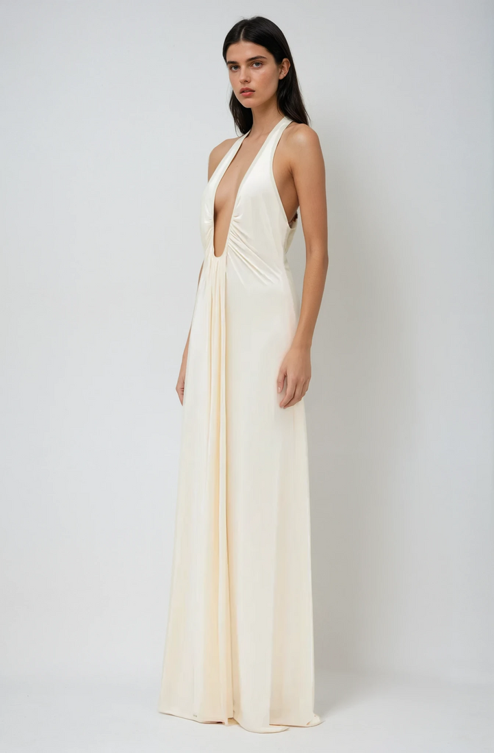 Robe longue ivoire femme décolleté profond armature tissu fluide cupro