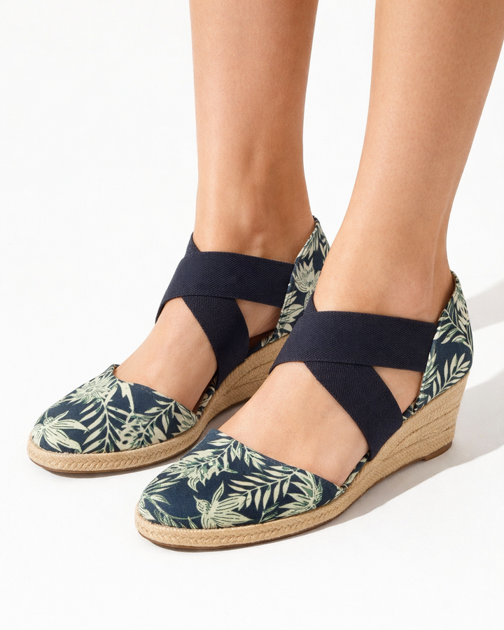 Espadrilles compensées à brides croisées, bout fermé, sans lacets
