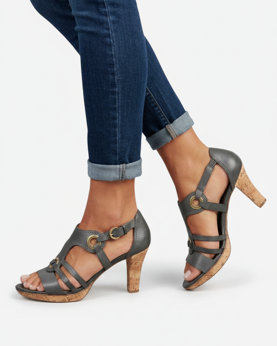 Sandales à talon en liège pour femmes – à bout ouvert avec sangle à boucle