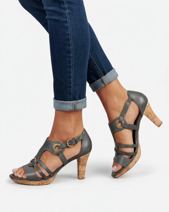 Sandales à talon en liège pour femmes – à bout ouvert avec sangle à boucle