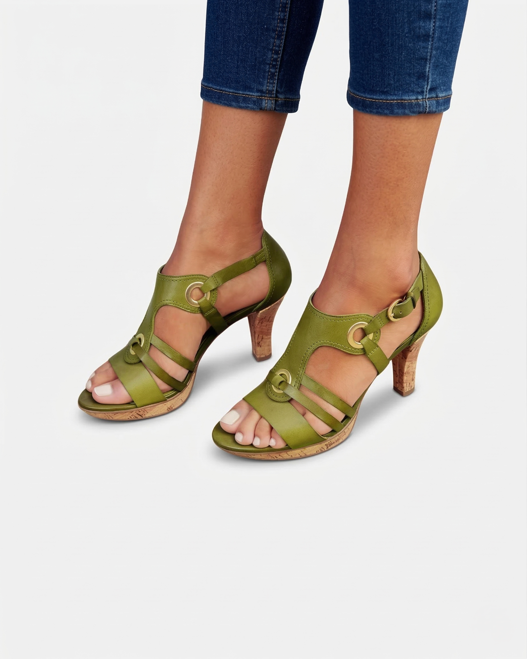 Sandales à talon en liège pour femmes – à bout ouvert avec sangle à boucle