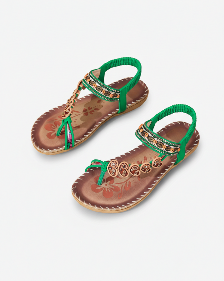Sandales tongs perlées à motifs floraux avec sangle élastique à la cheville – confort à enfiler