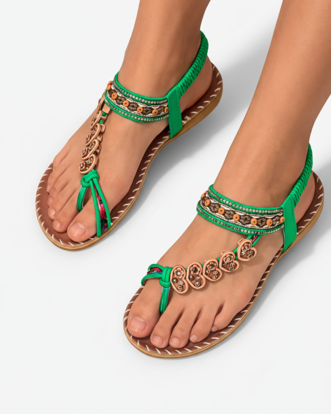 Sandales tongs perlées à motifs floraux avec sangle élastique à la cheville – confort à enfiler