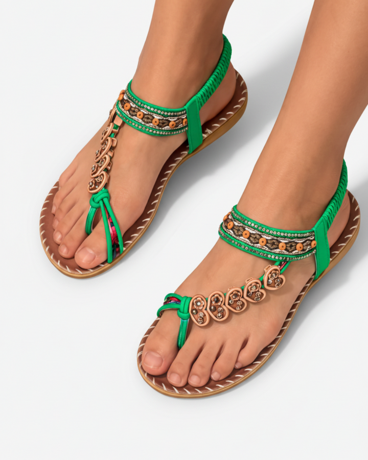Sandales tongs perlées à motifs floraux avec sangle élastique à la cheville – confort à enfiler