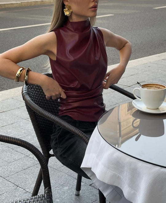 Top en cuir femme coupe ajustée élégant polyvalent
