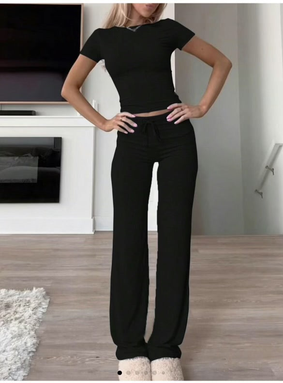 Ensemble deux pièces femme crop top manches courtes pantalon taille haute