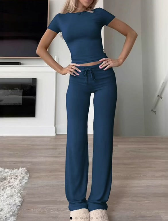 Ensemble deux pièces femme crop top manches courtes pantalon taille haute