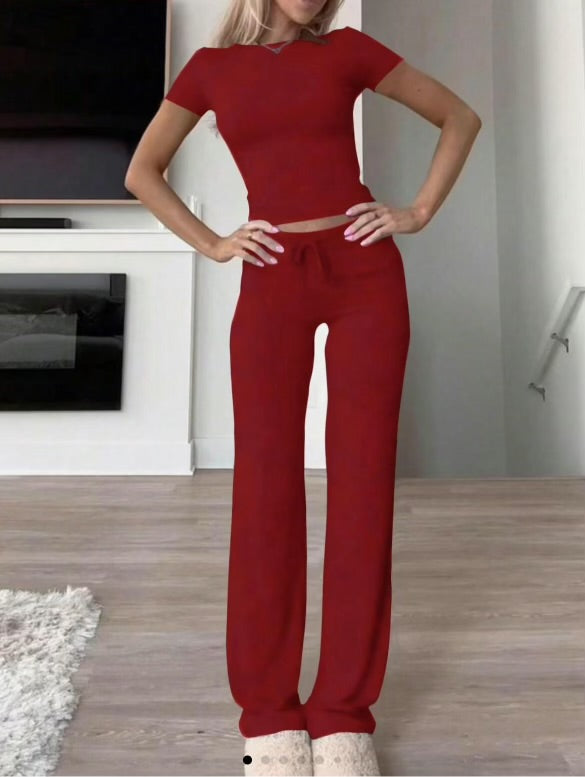 Ensemble deux pièces femme crop top manches courtes pantalon taille haute