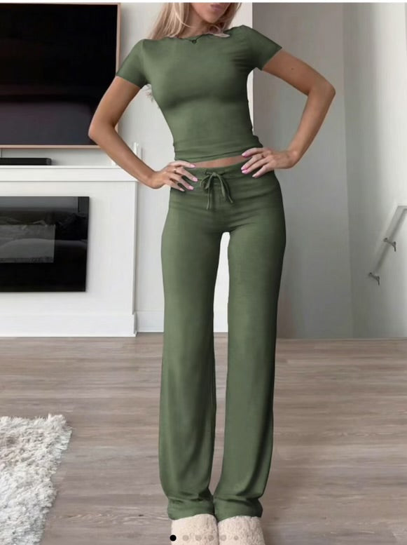 Ensemble deux pièces femme crop top manches courtes pantalon taille haute