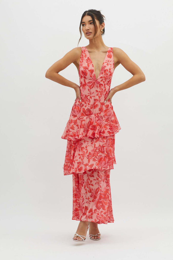 Robe longue dos nu femme volants maxi coupe fluide élégante