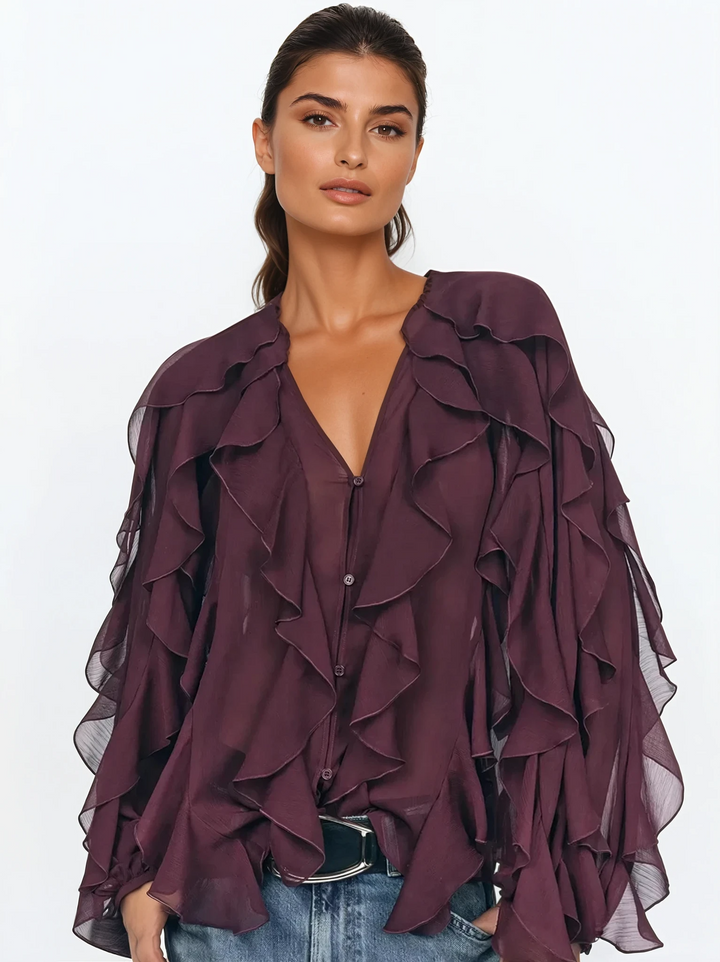 Blouse élégante femme col V volantée tissu léger respirant