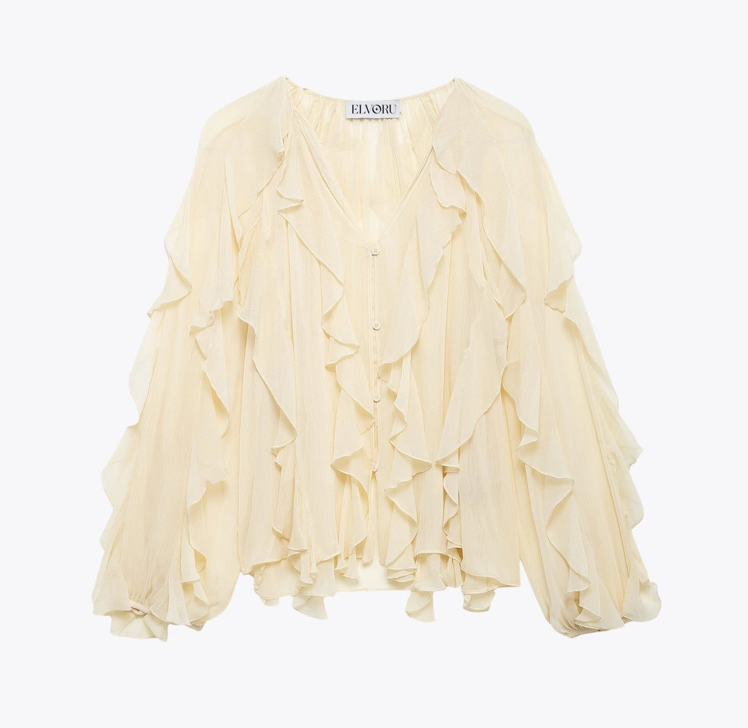 Blouse élégante femme col V volantée tissu léger respirant