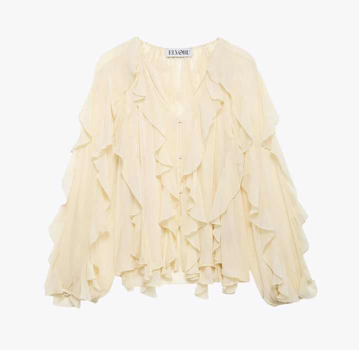 Blouse élégante femme col V volantée tissu léger respirant