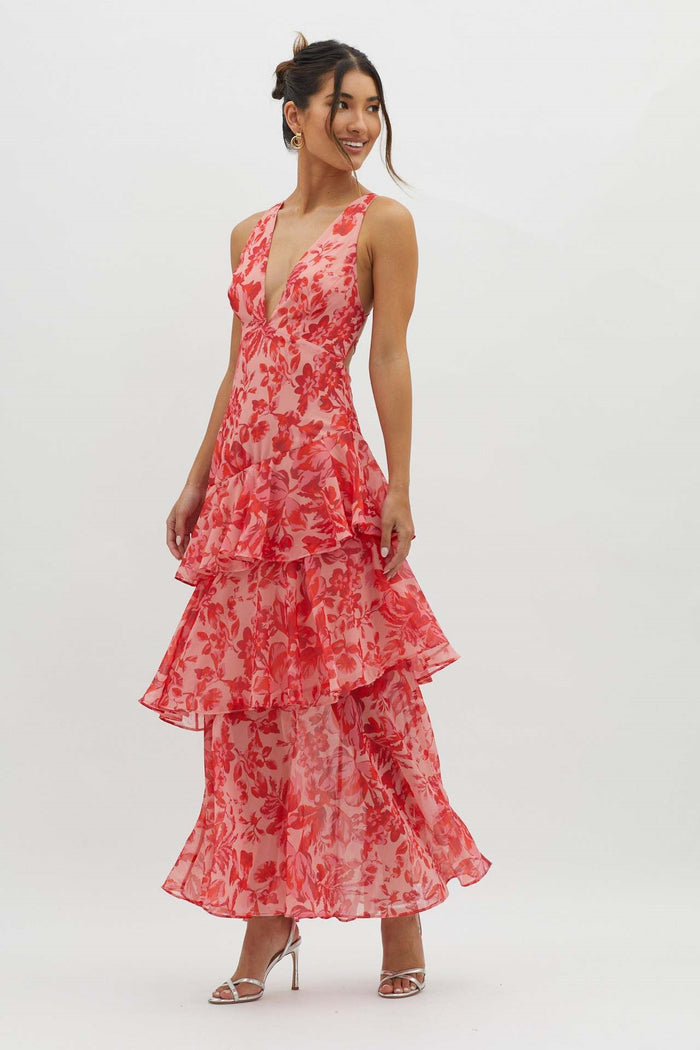 Robe longue dos nu femme volants maxi coupe fluide élégante