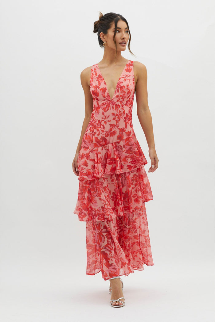 Robe longue dos nu femme volants maxi coupe fluide élégante