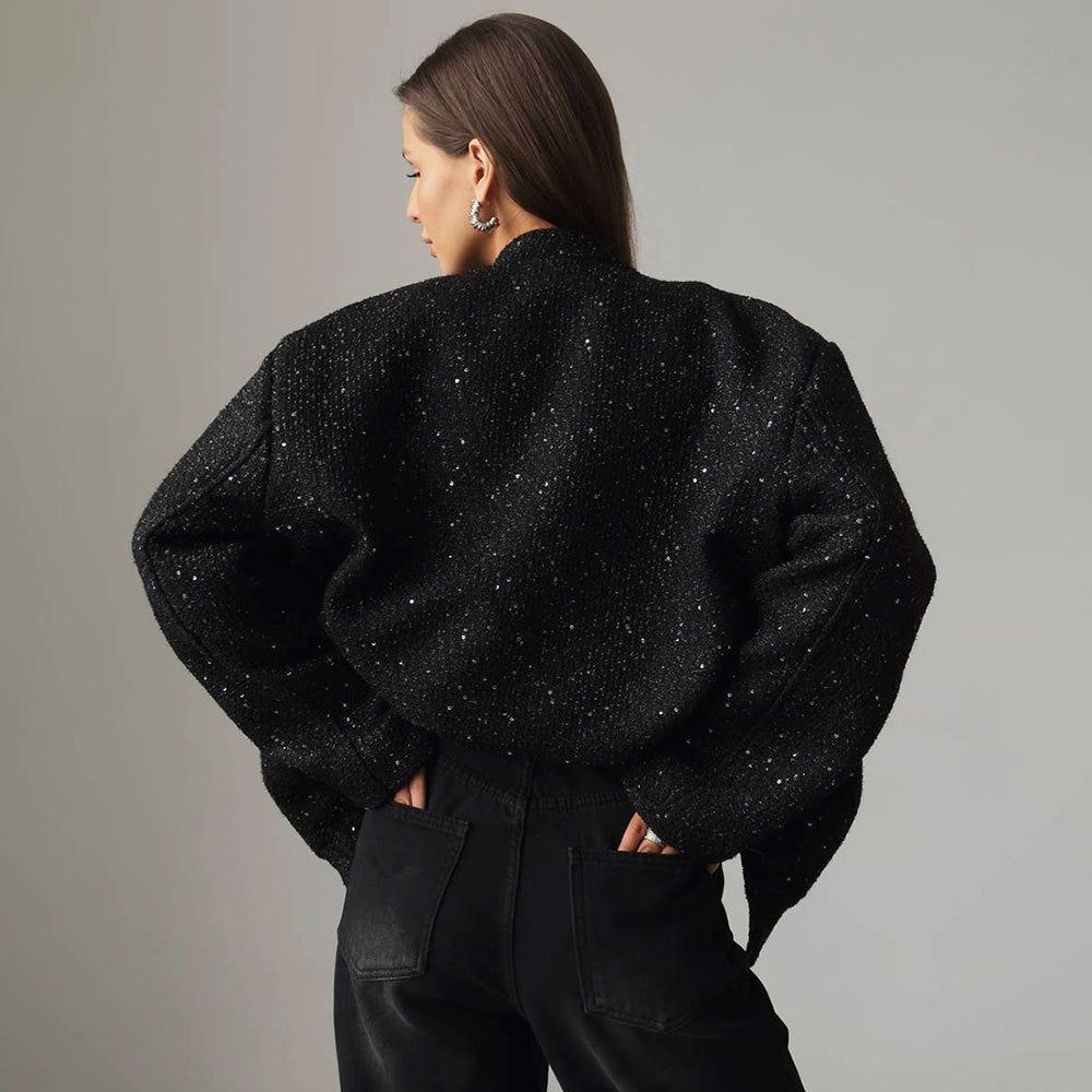 Veste à sequins femme coupe ample col montant élégante