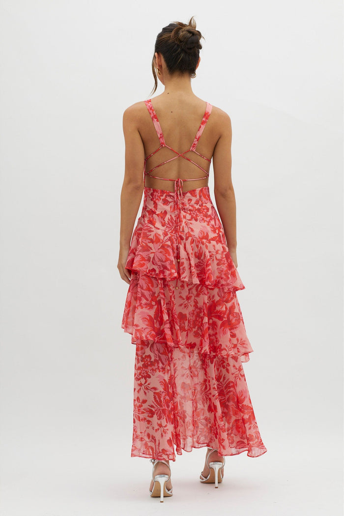 Robe longue dos nu femme volants maxi coupe fluide élégante