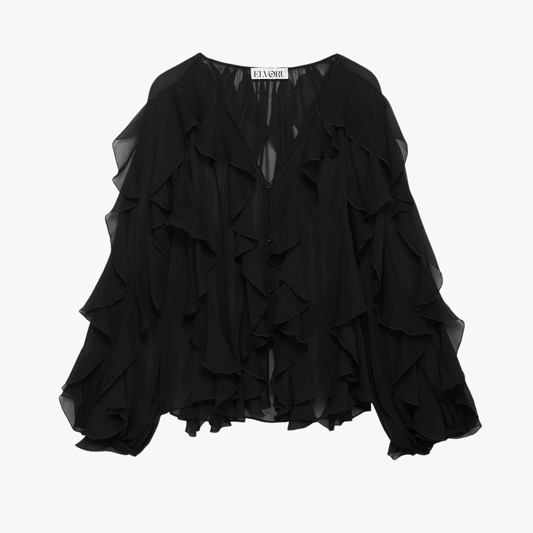 Blouse élégante femme col V volantée tissu léger respirant