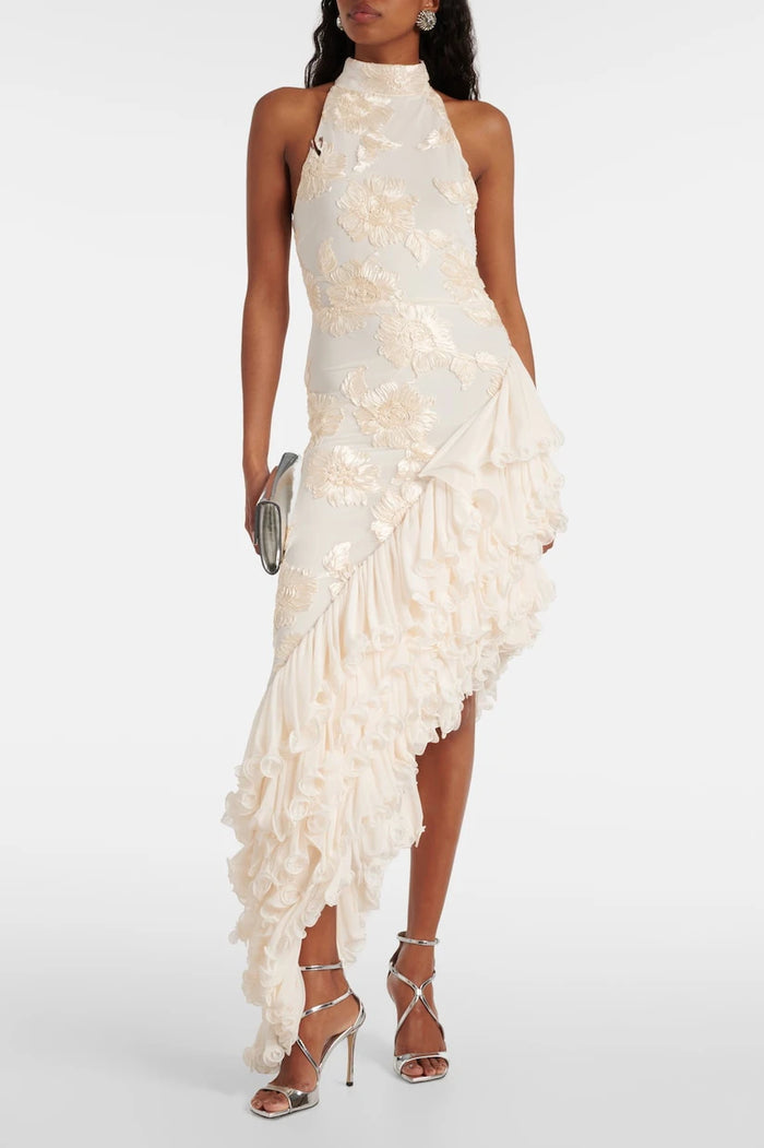 Robe longue fleurie ivoire femme volants ourlet asymétrique élégante