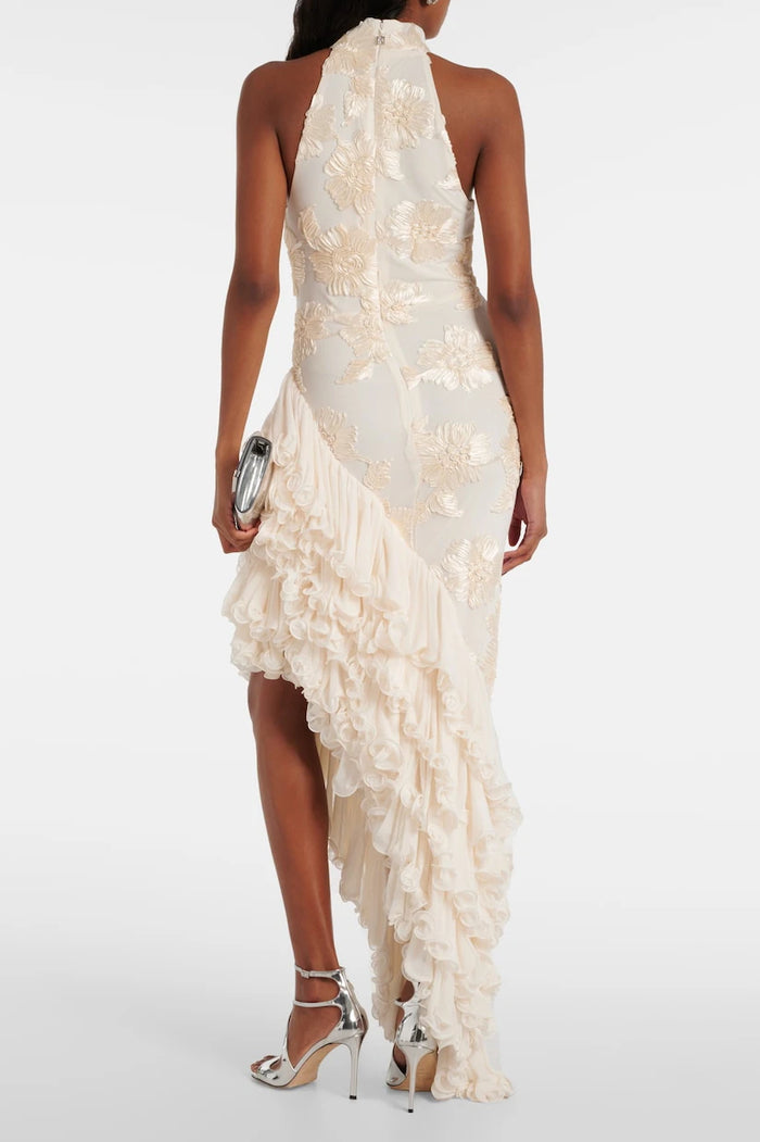 Robe longue fleurie ivoire femme volants ourlet asymétrique élégante