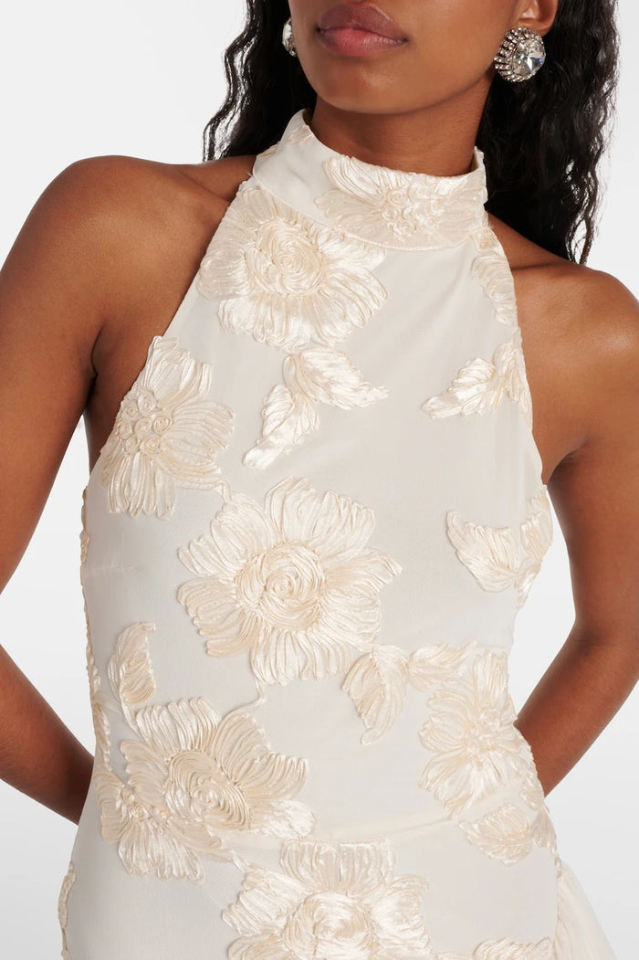 Robe longue fleurie ivoire femme volants ourlet asymétrique élégante