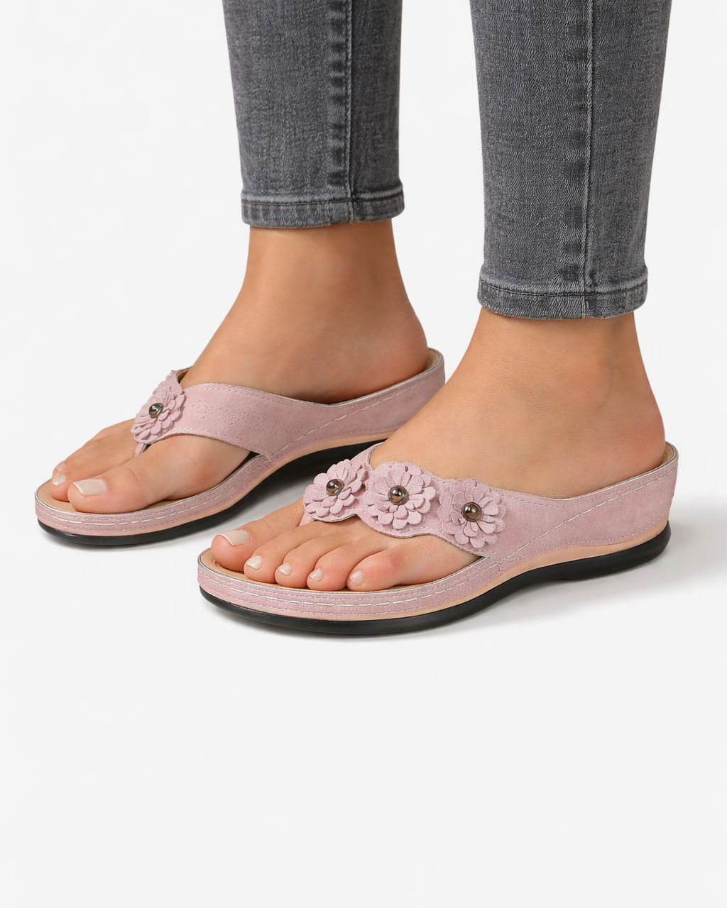 Sandales compensées à brides florales - bout ouvert, à enfiler, style tongs/flip-flop