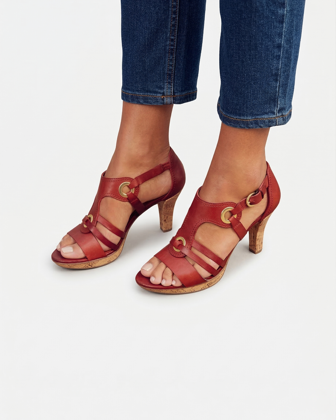 Sandales à talon en liège pour femmes – à bout ouvert avec sangle à boucle
