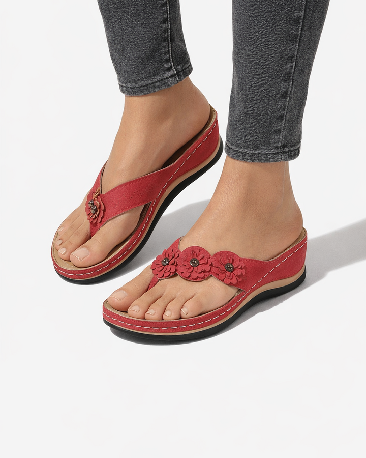 Sandales compensées à brides florales - bout ouvert, à enfiler, style tongs/flip-flop