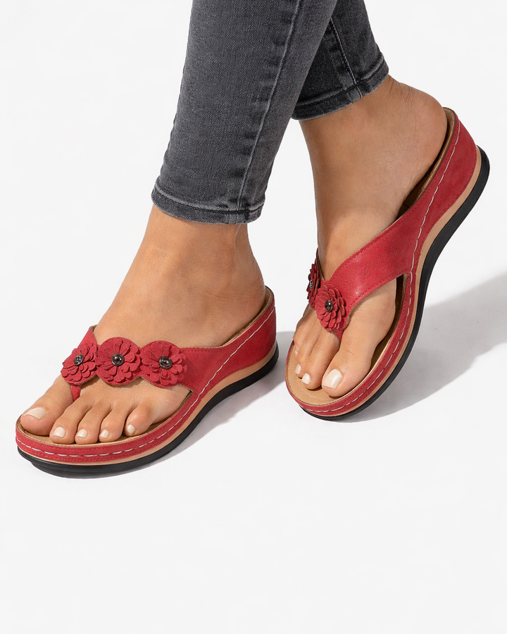 Sandales compensées à brides florales - bout ouvert, à enfiler, style tongs/flip-flop