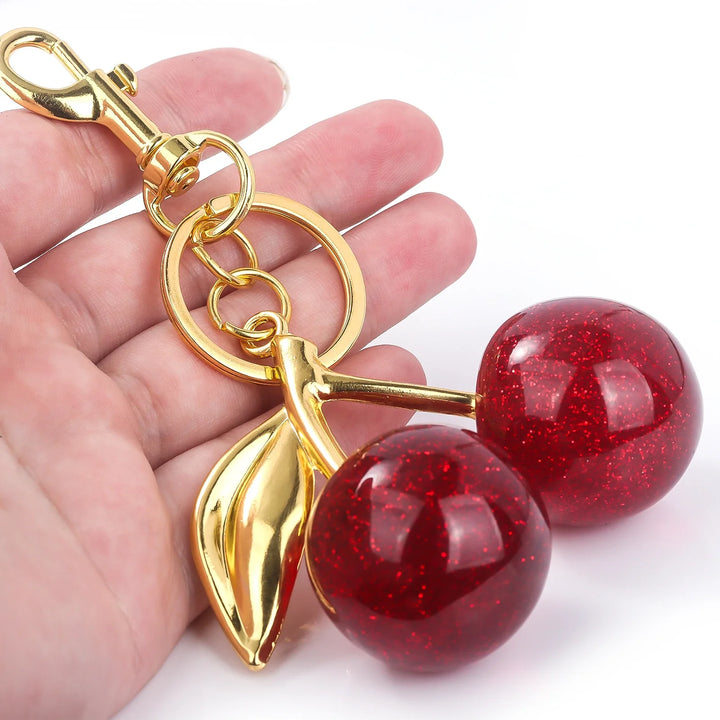Porte-clés cerises rouges femme breloque élégante avec mousqueton