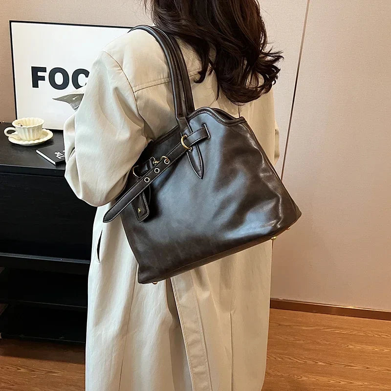 Sac cabas rétro femme cuir PU grand format bandoulière amovible