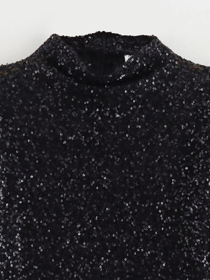Robe courte à sequins femme col V coupe ajustée tissu stretch
