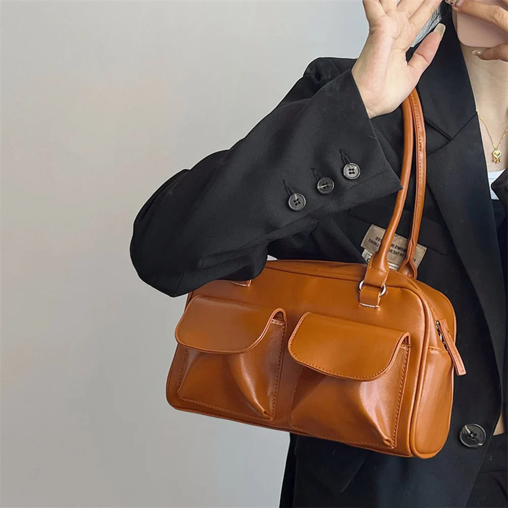 Sac satchel rétro femme cuir PU structuré poches avant élégant