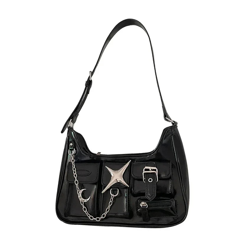 Sac à bandoulière gothique en cuir PU avec poches asymétriques et charms célestes