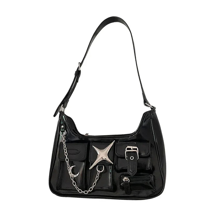 Sac à bandoulière gothique en cuir PU avec poches asymétriques et charms célestes
