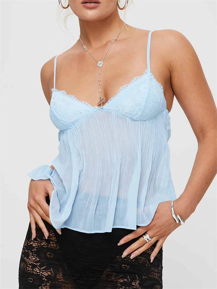 Débardeur dentelle plissée femme col V bretelles réglables léger
