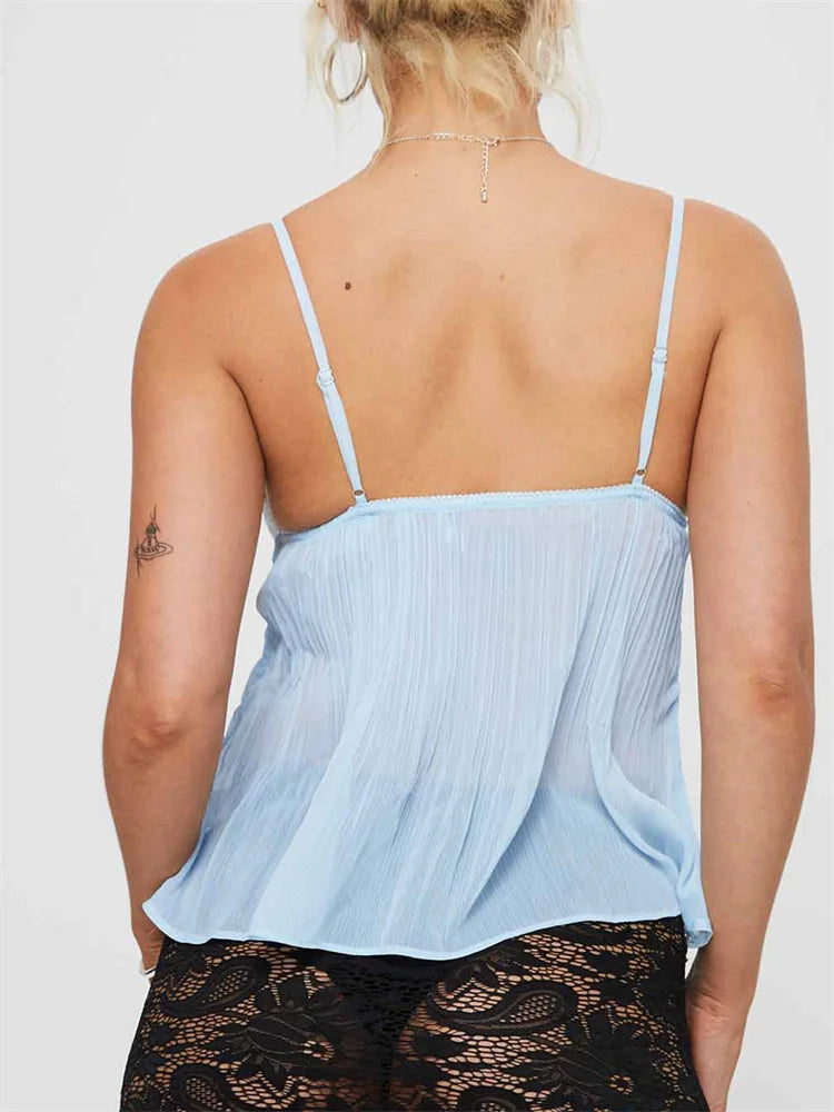 Débardeur dentelle plissée femme col V bretelles réglables léger