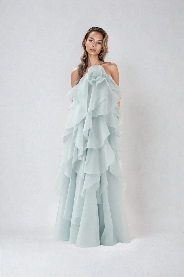 Robe longue élégante femme col halter volants coupe fluide aérienne