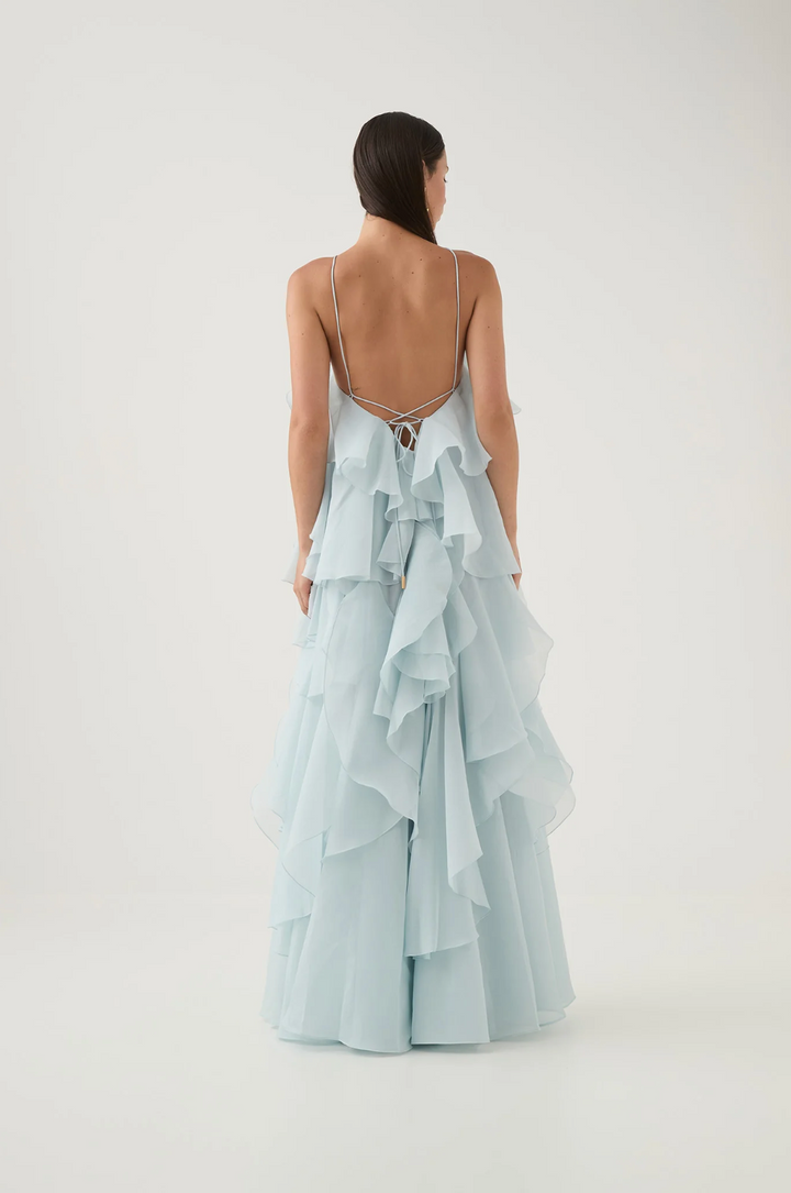 Robe longue élégante femme col halter volants coupe fluide aérienne