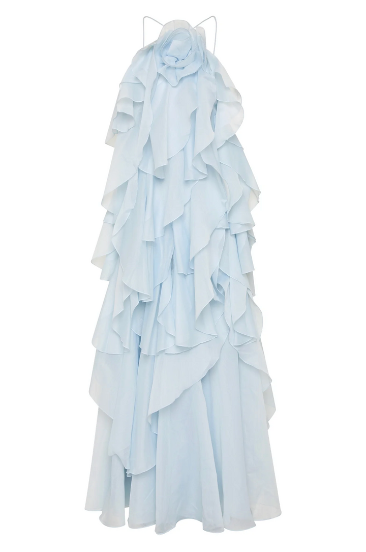 Robe longue élégante femme col halter volants coupe fluide aérienne