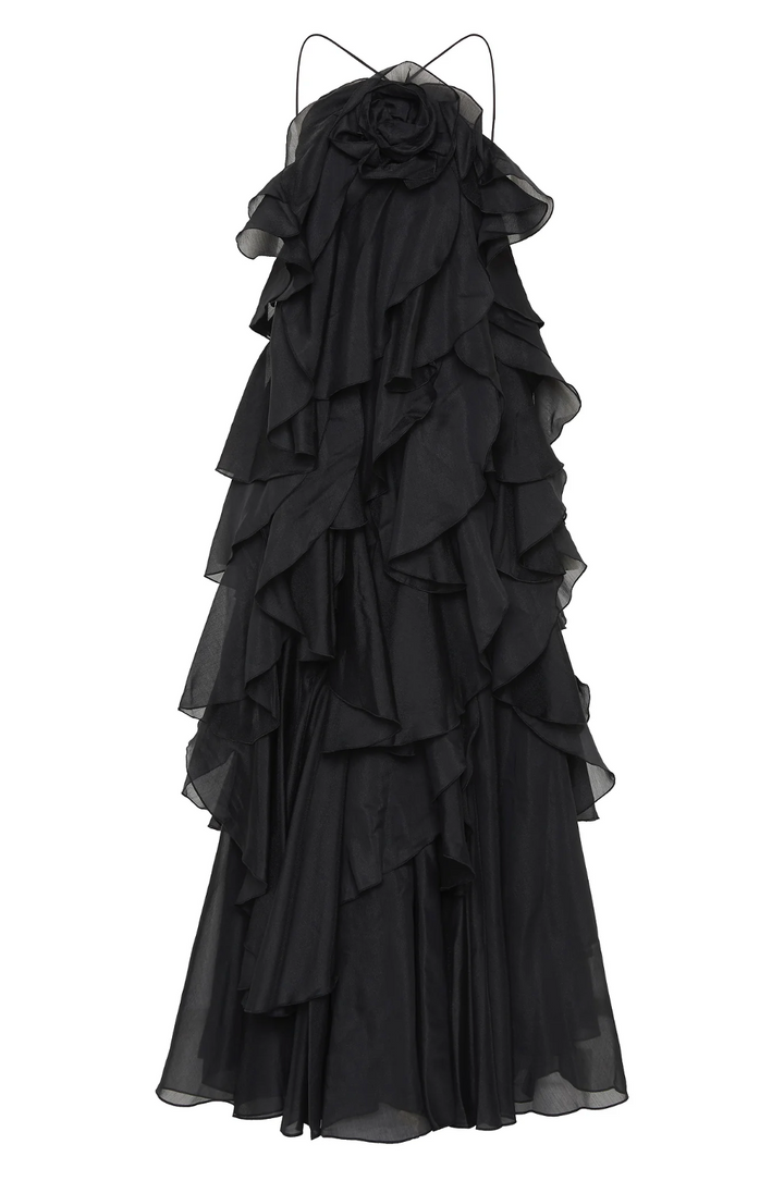 Robe longue élégante femme col halter volants coupe fluide aérienne