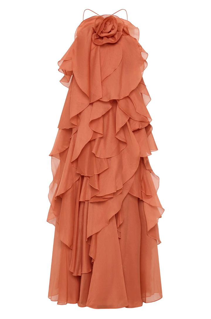 Robe longue élégante femme col halter volants coupe fluide aérienne