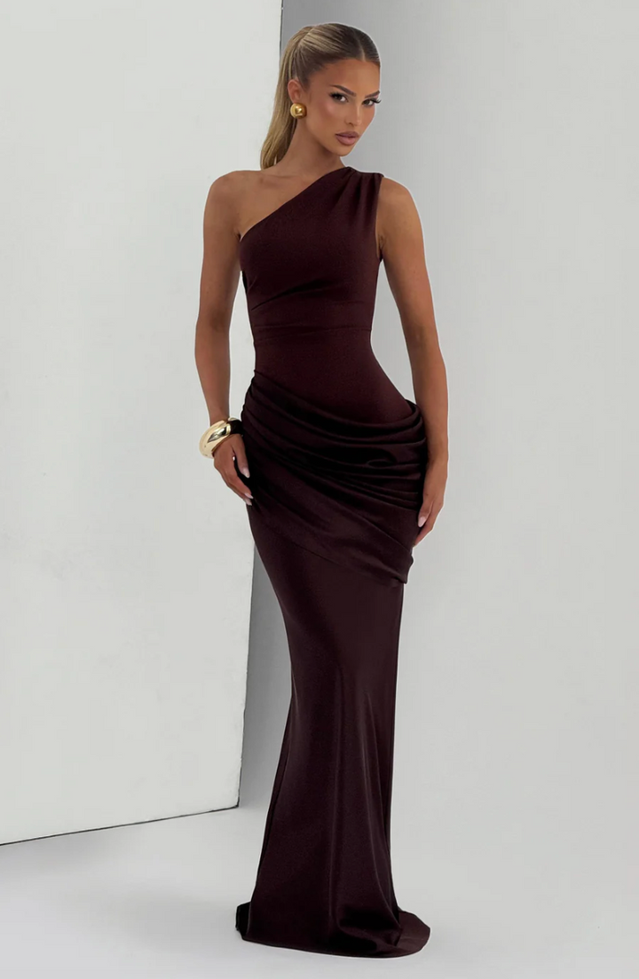 Robe longue asymétrique femme une épaule satin fluide taille drapée