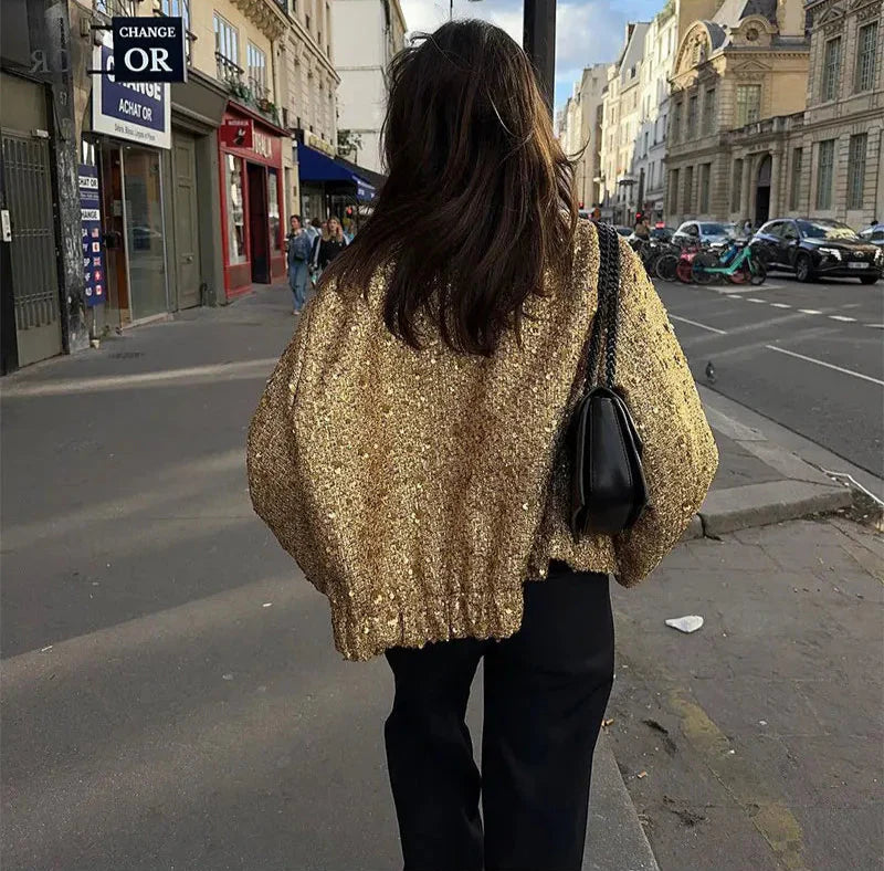 Veste à sequins femme coupe ample col montant élégante
