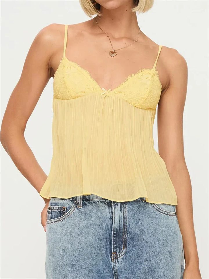 Débardeur dentelle plissée femme col V bretelles réglables léger