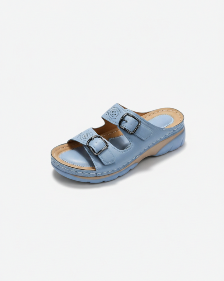 Sandales à bout ouvert avec petit talon compensé et double boucle